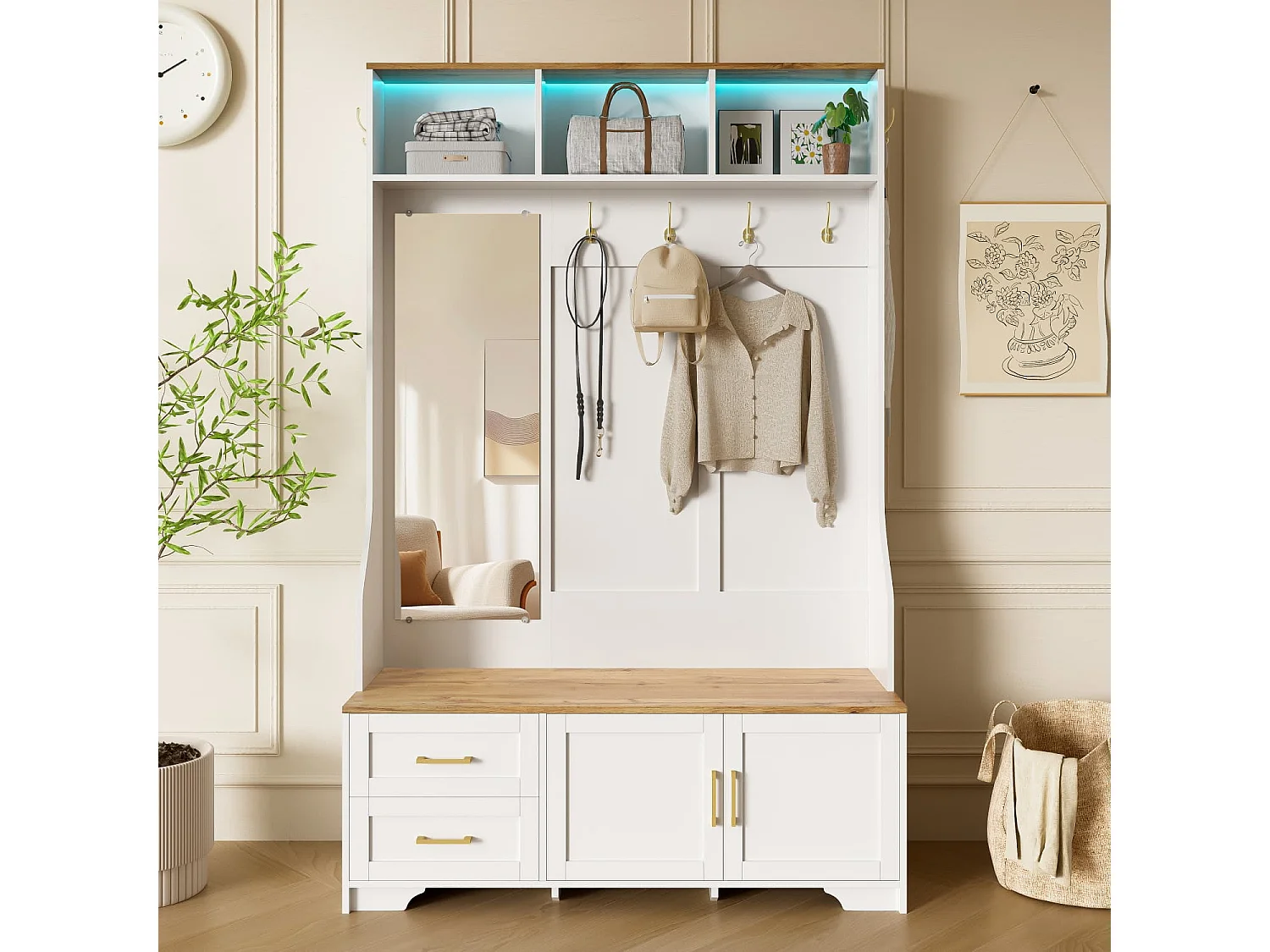 Multifunktionaler Flur- & Schuhschrank mit LED-Beleuchtung, Spiegel, Haken und Schubladen – Moderner Garderobenschrank mit Stauraum und Sitzfläche