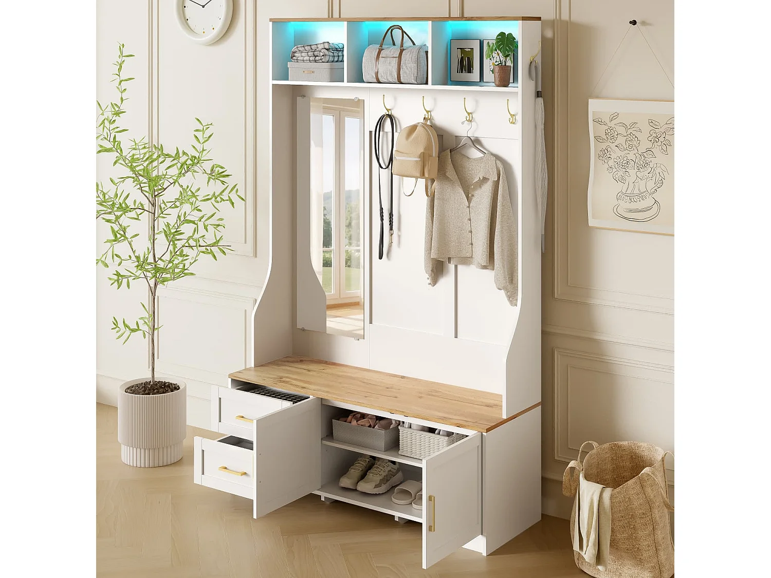 Multifunktionaler Flur- & Schuhschrank mit LED-Beleuchtung, Spiegel, Haken und Schubladen – Moderner Garderobenschrank mit Stauraum und Sitzfläche