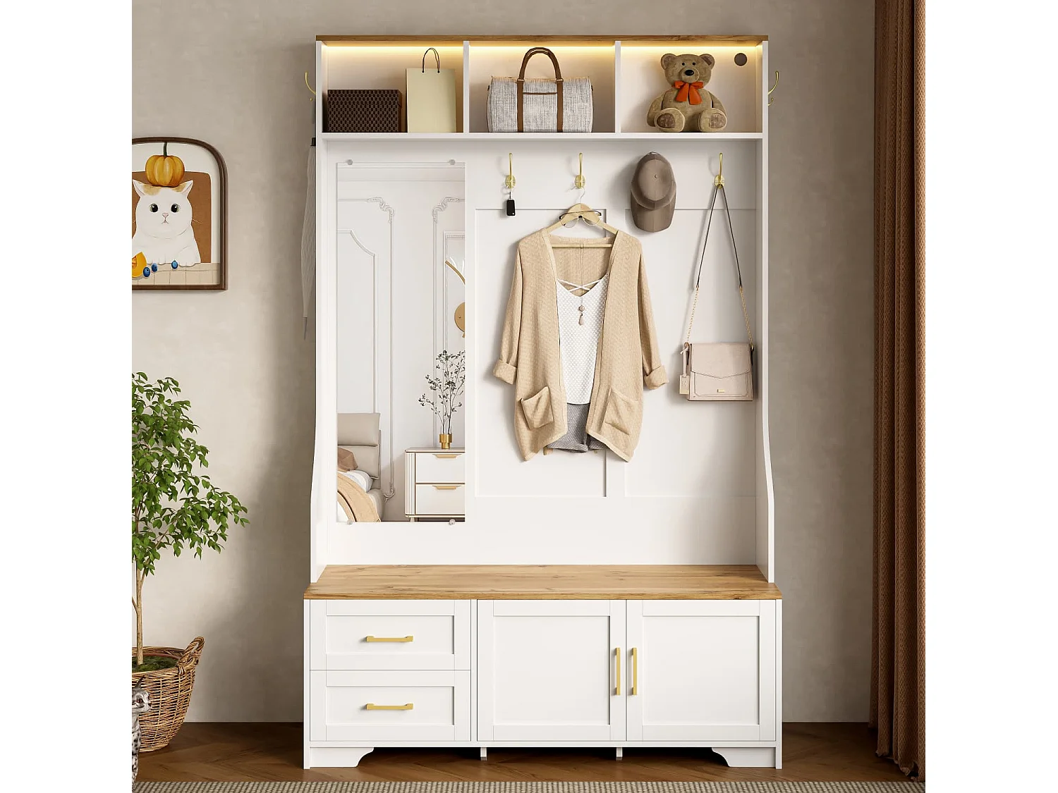 Multifunktionaler Flur- & Schuhschrank mit LED-Beleuchtung, Spiegel, Haken und Schubladen – Moderner Garderobenschrank mit Stauraum und Sitzfläche