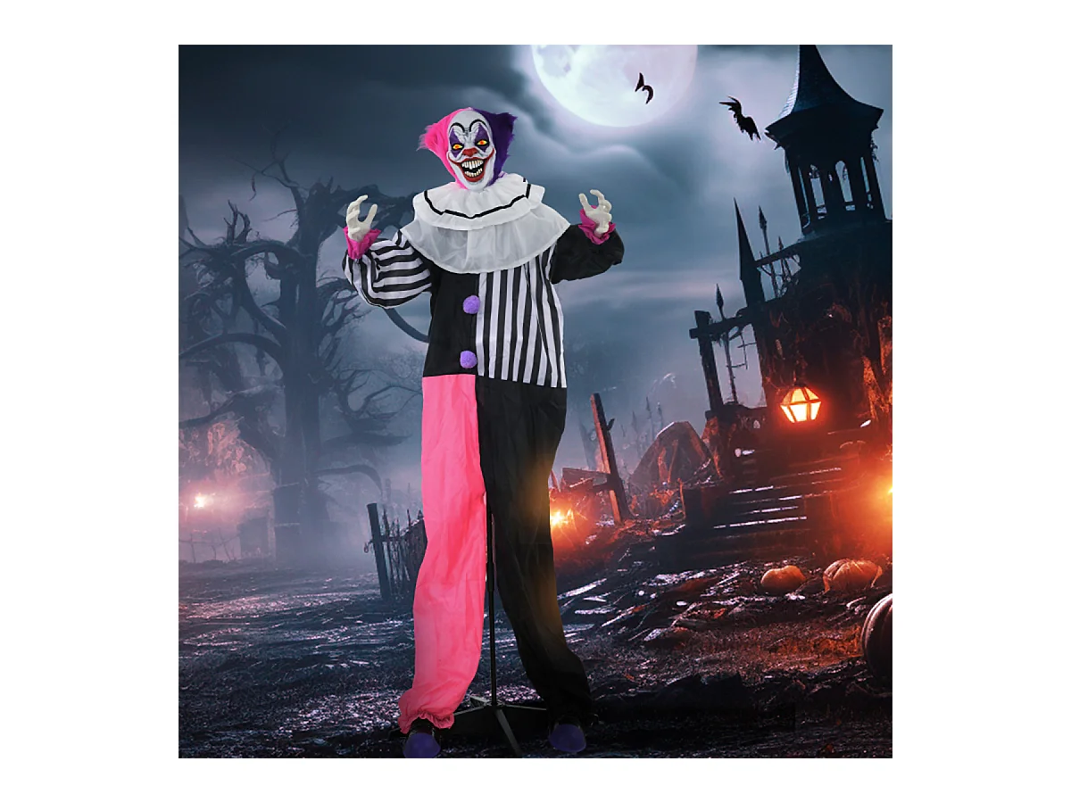 Grusel-Clown Halloween-Dekoration mit Lach-Funktion Beweglich Horror-Clown Dekofigur Pink+Lila