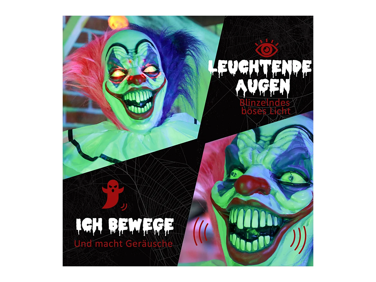 Grusel-Clown Halloween-Dekoration mit Lach-Funktion Beweglich Horror-Clown Dekofigur Pink+Lila