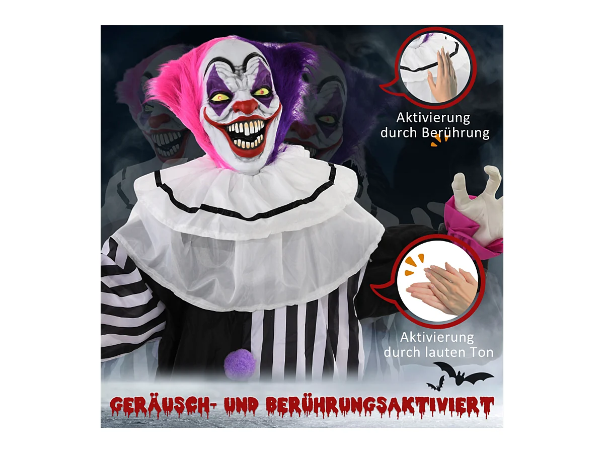 Grusel-Clown Halloween-Dekoration mit Lach-Funktion Beweglich Horror-Clown Dekofigur Pink+Lila