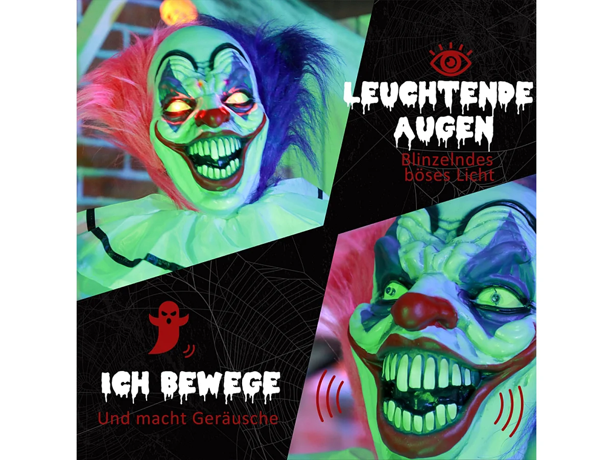 Grusel-Clown Halloween-Dekoration mit Lach-Funktion Beweglich Horror-Clown Dekofigur Pink+Lila