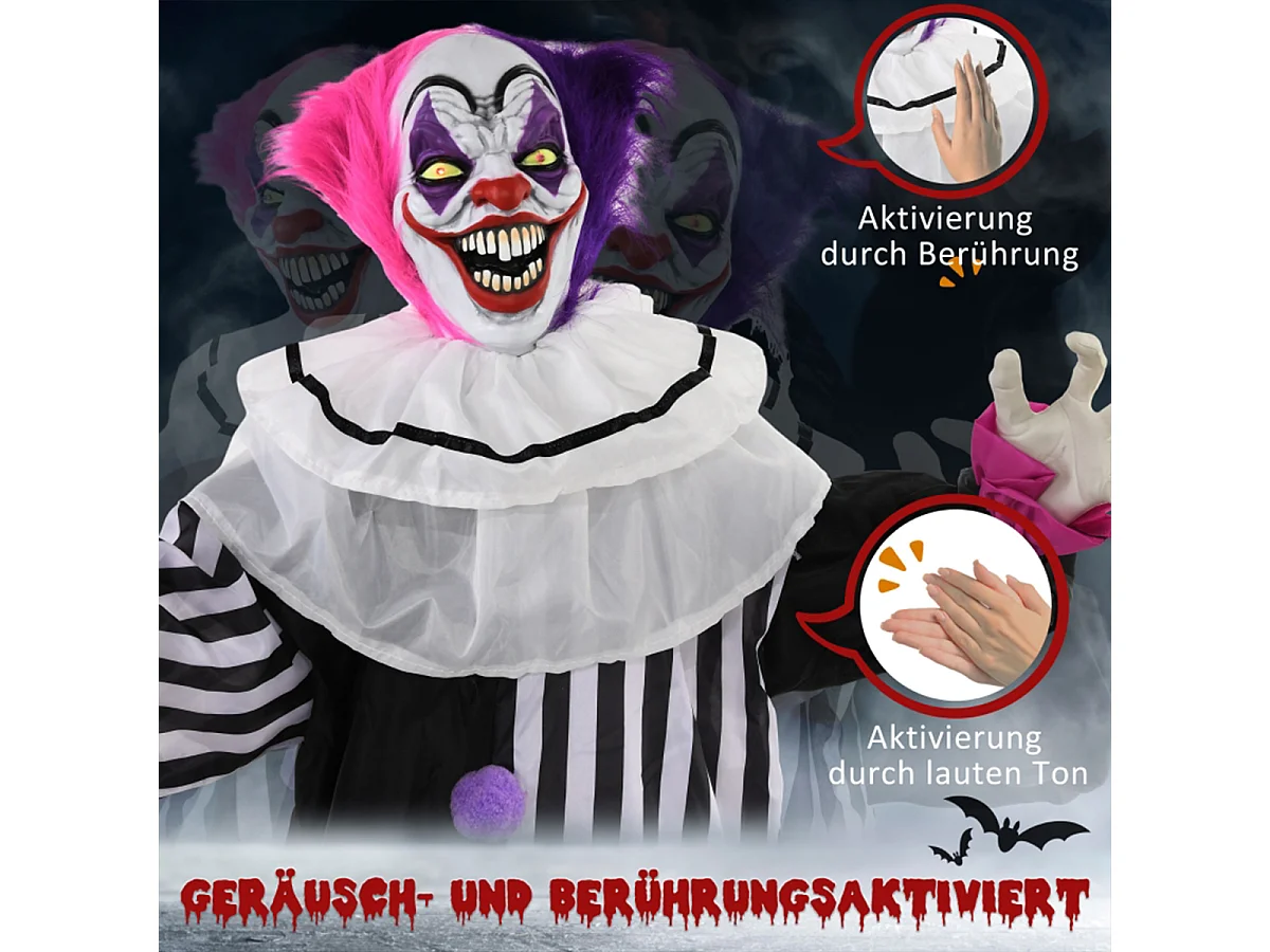 Grusel-Clown Halloween-Dekoration mit Lach-Funktion Beweglich Horror-Clown Dekofigur Pink+Lila