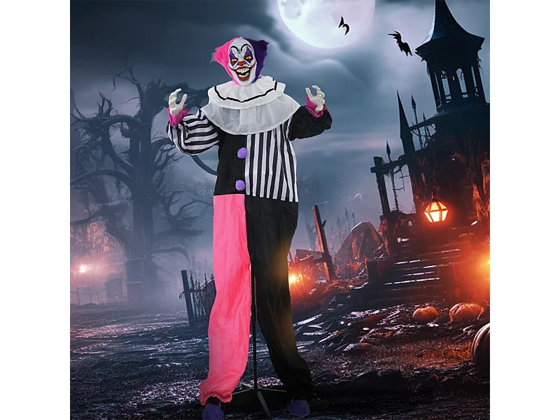 Grusel-Clown Halloween-Dekoration mit Lach-Funktion Beweglich Horror-Clown Dekofigur Pink+Lila