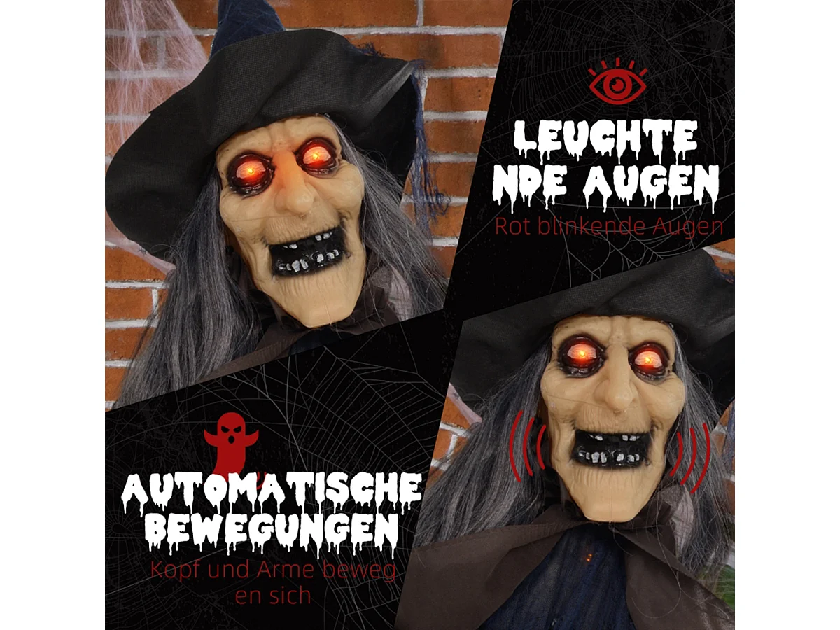 Halloween-Hexe mit Besen und Leuchtende Augen, Gruselige Geräusche, Biegsame Arme Halloweendekoration für Party 107x65x190 cm