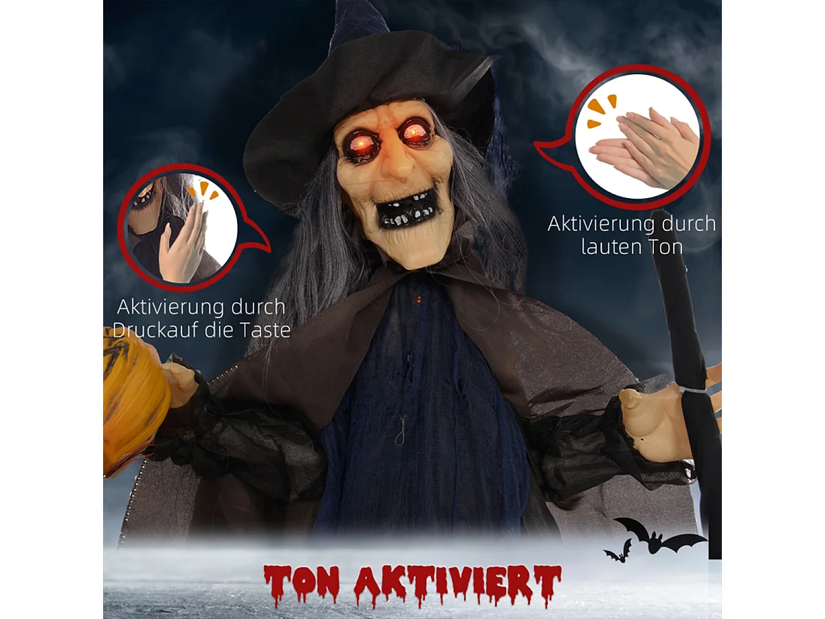 Halloween-Hexe mit Besen und Leuchtende Augen, Gruselige Geräusche, Biegsame Arme Halloweendekoration für Party 107x65x190 cm