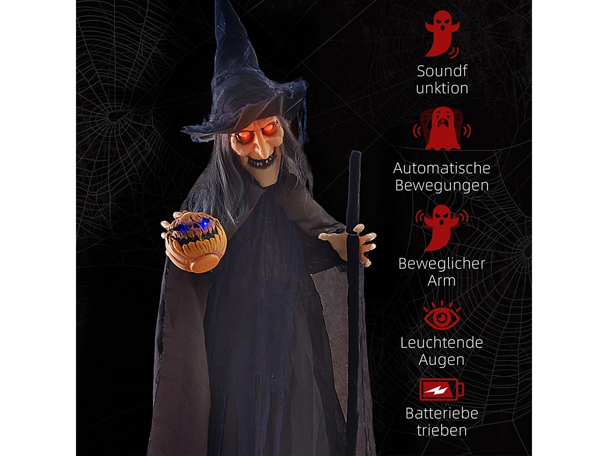Halloween-Hexe mit Besen und Leuchtende Augen, Gruselige Geräusche, Biegsame Arme Halloweendekoration für Party 107x65x190 cm