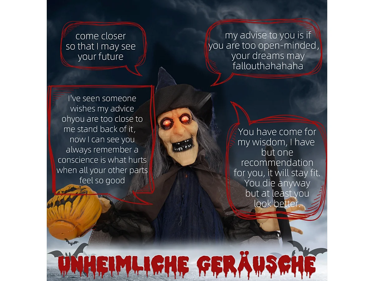 Halloween-Hexe mit Besen und Leuchtende Augen, Gruselige Geräusche, Biegsame Arme Halloweendekoration für Party 107x65x190 cm