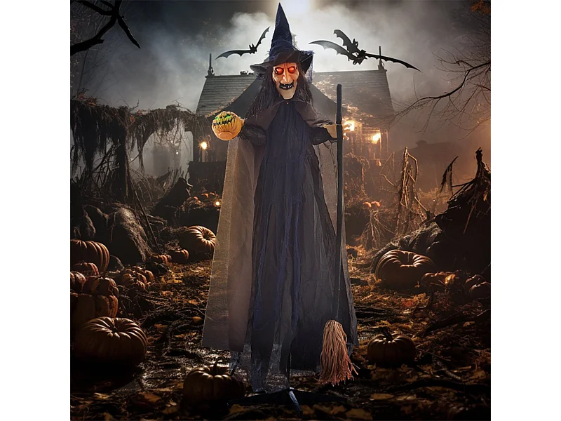 Halloween-Hexe mit Besen und Leuchtende Augen, Gruselige Geräusche, Biegsame Arme Halloweendekoration für Party 107x65x190 cm