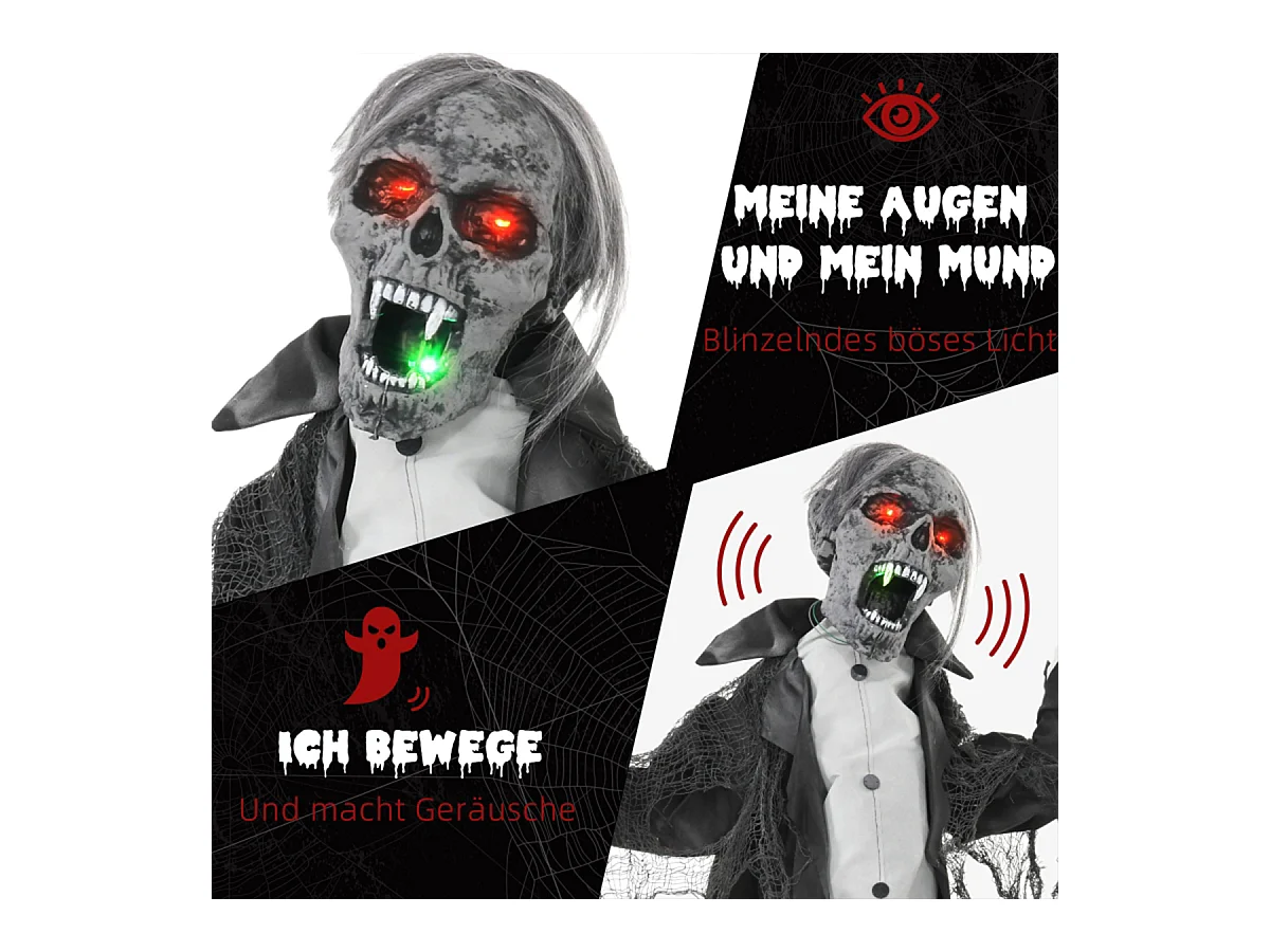 Halloweendeko Skelett/Zombie mit LEDs & Sounds Beweglich Gruselrequisiten Dekorationen für Halloween 75 cm