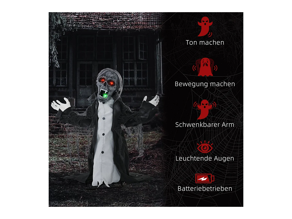 Halloweendeko Skelett/Zombie mit LEDs & Sounds Beweglich Gruselrequisiten Dekorationen für Halloween 75 cm