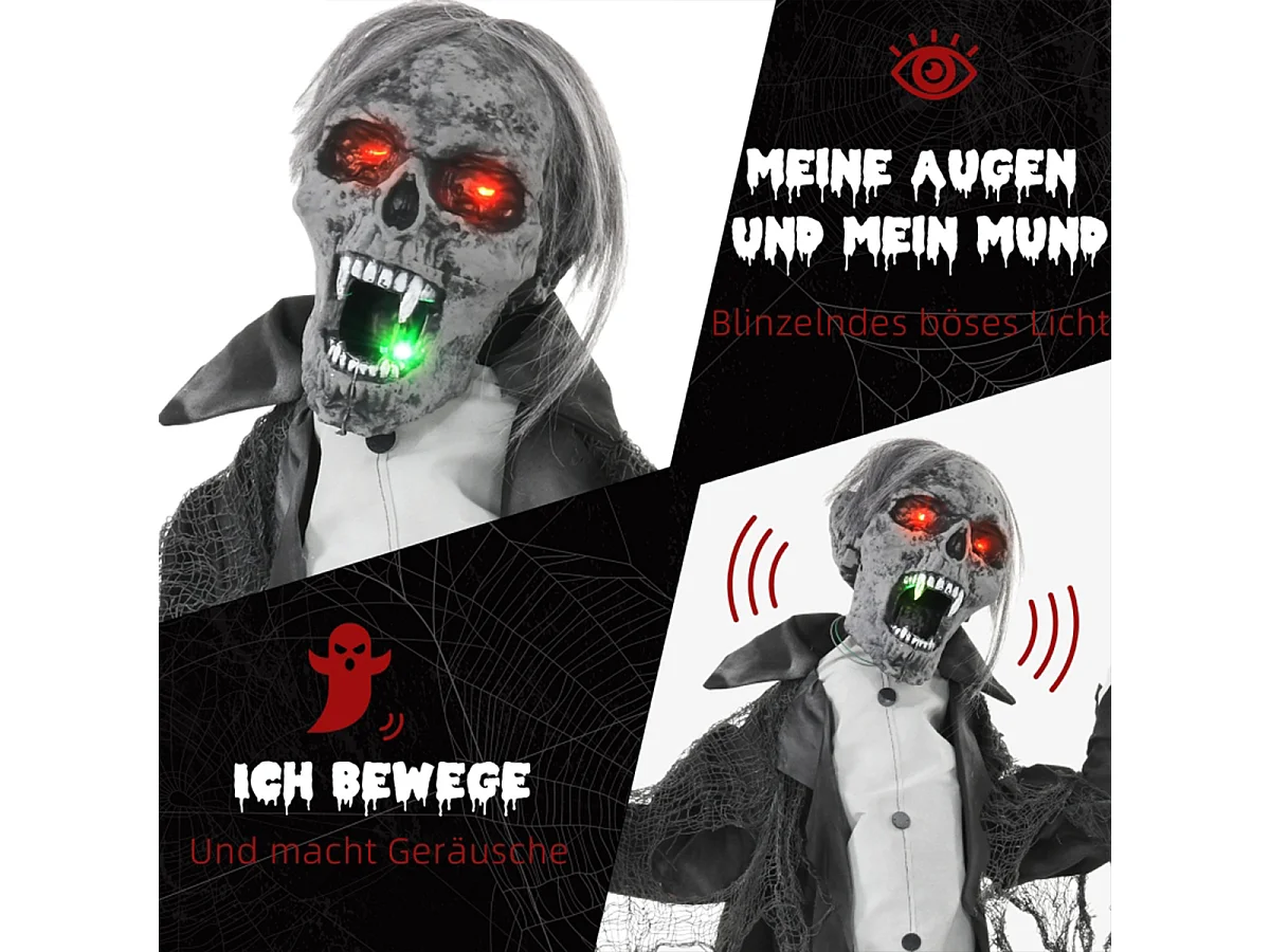 Halloweendeko Skelett/Zombie mit LEDs & Sounds Beweglich Gruselrequisiten Dekorationen für Halloween 75 cm