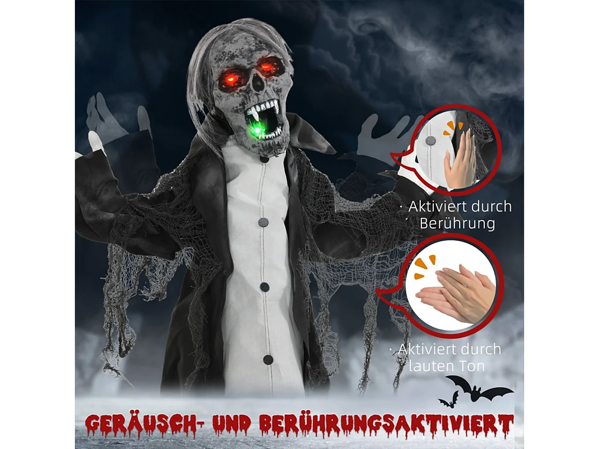 Halloweendeko Skelett/Zombie mit LEDs & Sounds Beweglich Gruselrequisiten Dekorationen für Halloween 75 cm