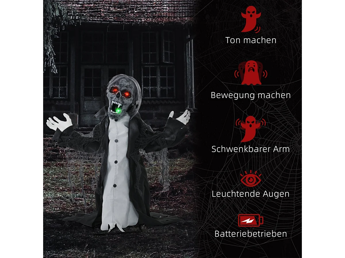 Halloweendeko Skelett/Zombie mit LEDs & Sounds Beweglich Gruselrequisiten Dekorationen für Halloween 75 cm
