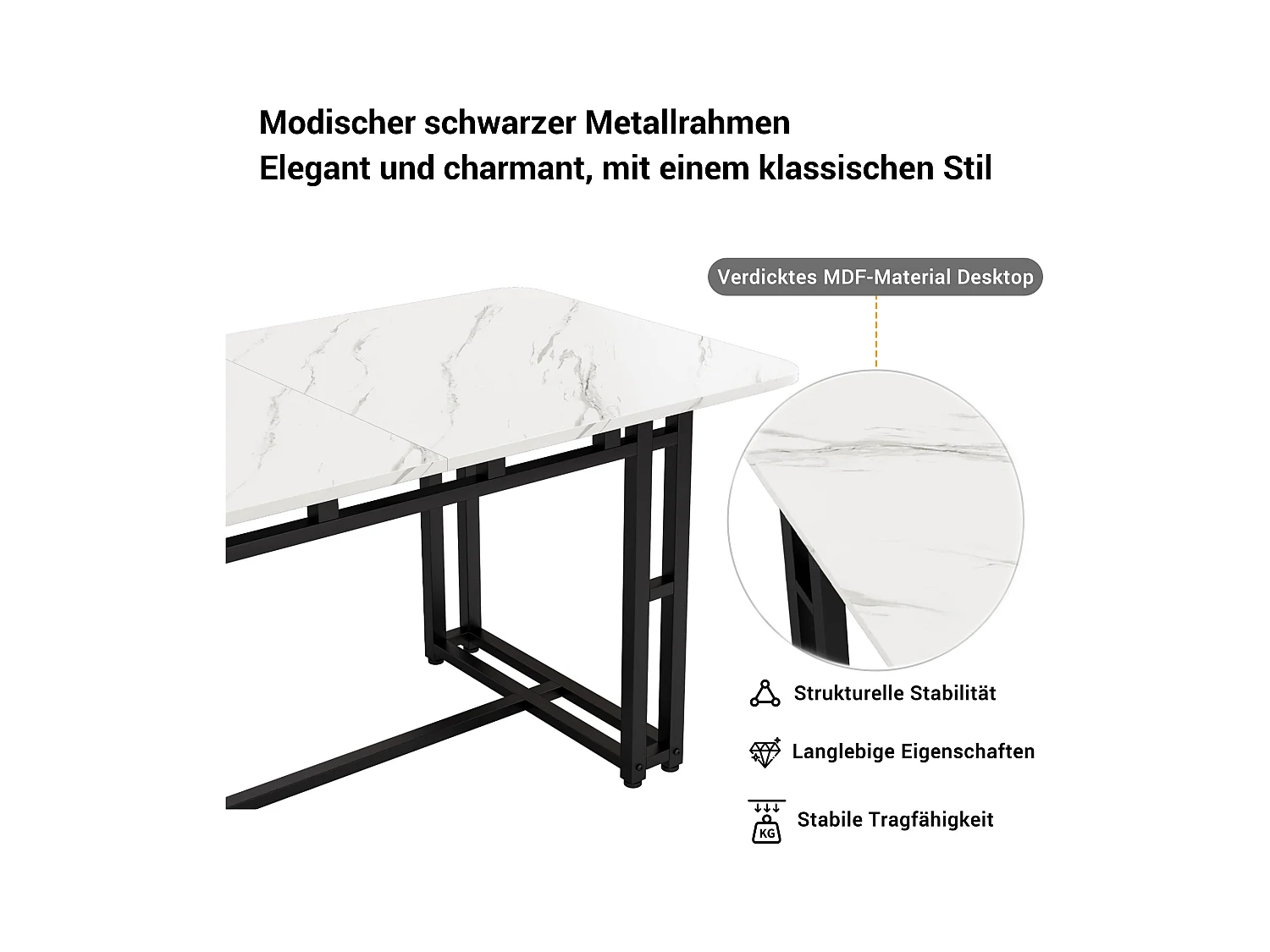 Esstisch Küchentisch Freizeittisch mit Marmormuster für 4-6 Personen 120x70cm für Wohnzimmer Schlafzimmer Esszimmer