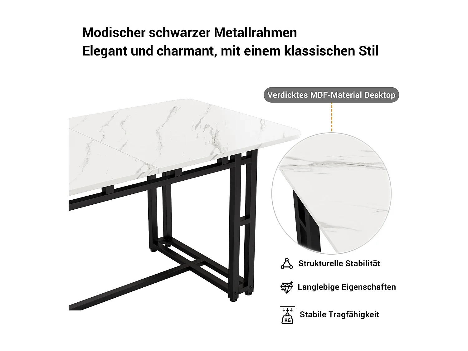 Esstisch Küchentisch Freizeittisch mit Marmormuster für 4-6 Personen 120x70cm für Wohnzimmer Schlafzimmer Esszimmer