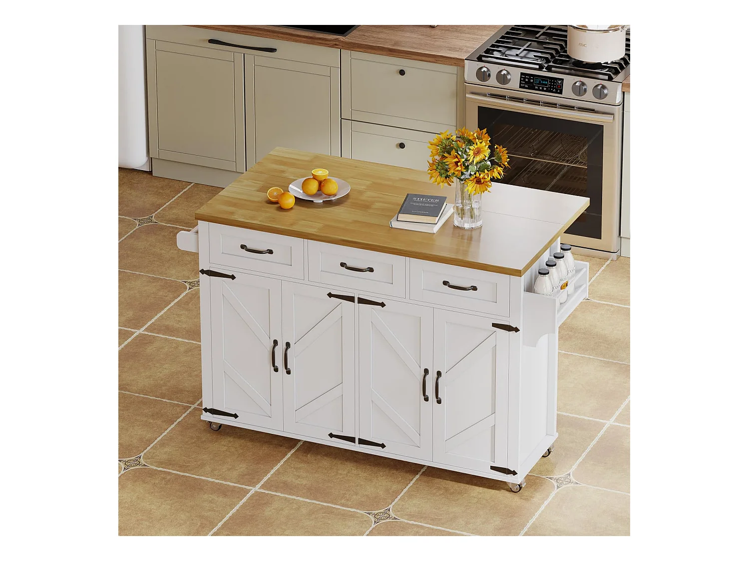 Kücheninsel mit klappbarer Arbeitsplatte,ausgestattet mit 5 feststellbaren Rollen,4 Türen,3 Schubladen,doppelseitigen Handtuchhalter,140x43/70x90.5cm