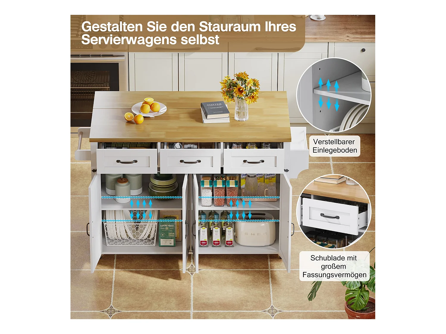 Kücheninsel mit klappbarer Arbeitsplatte,ausgestattet mit 5 feststellbaren Rollen,4 Türen,3 Schubladen,doppelseitigen Handtuchhalter,140x43/70x90.5cm