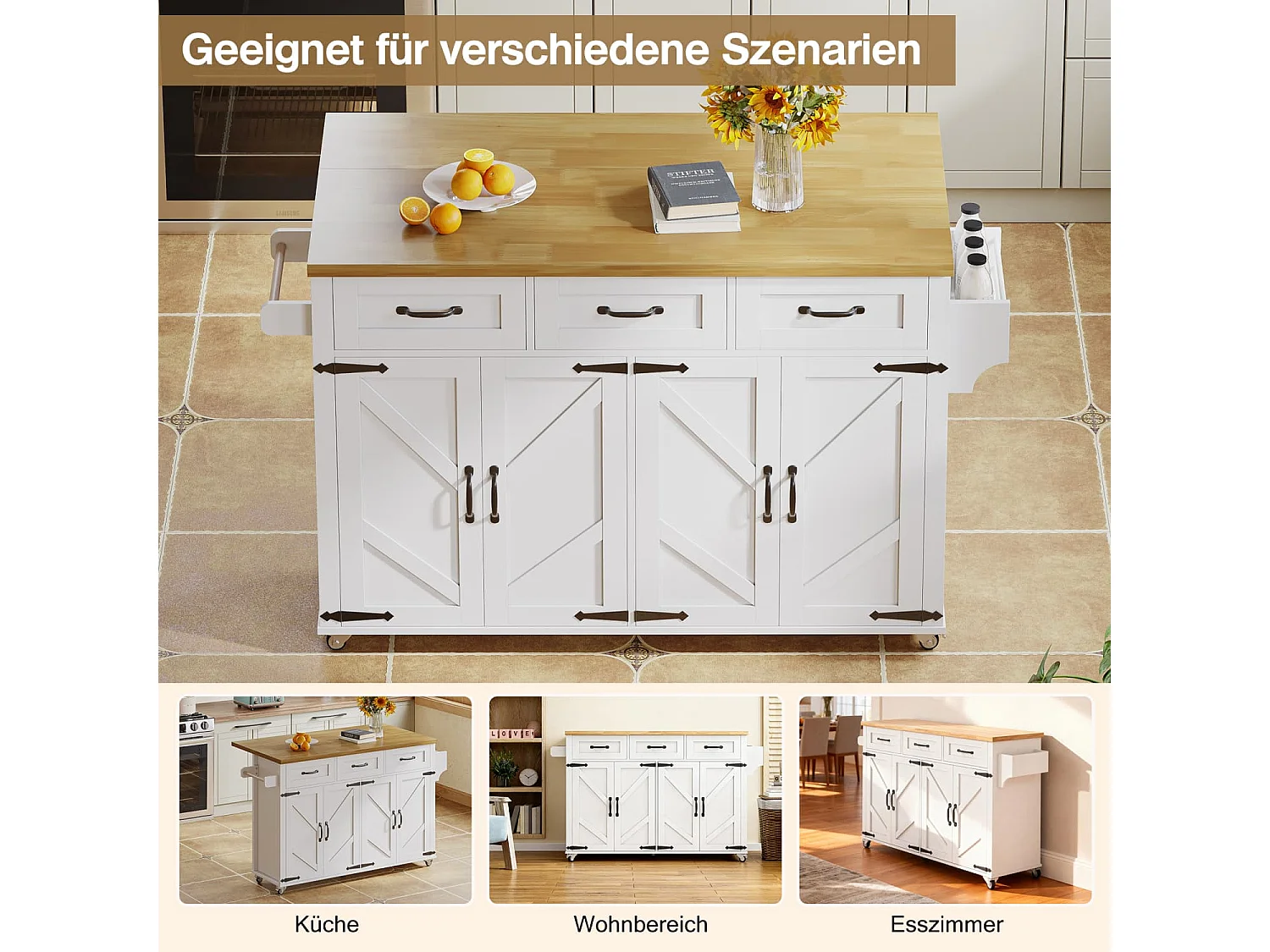 Kücheninsel mit klappbarer Arbeitsplatte,ausgestattet mit 5 feststellbaren Rollen,4 Türen,3 Schubladen,doppelseitigen Handtuchhalter,140x43/70x90.5cm