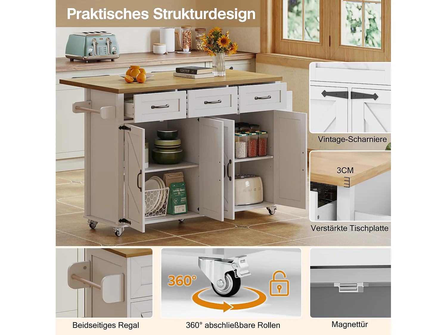 Kücheninsel mit klappbarer Arbeitsplatte,ausgestattet mit 5 feststellbaren Rollen,4 Türen,3 Schubladen,doppelseitigen Handtuchhalter,140x43/70x90.5cm