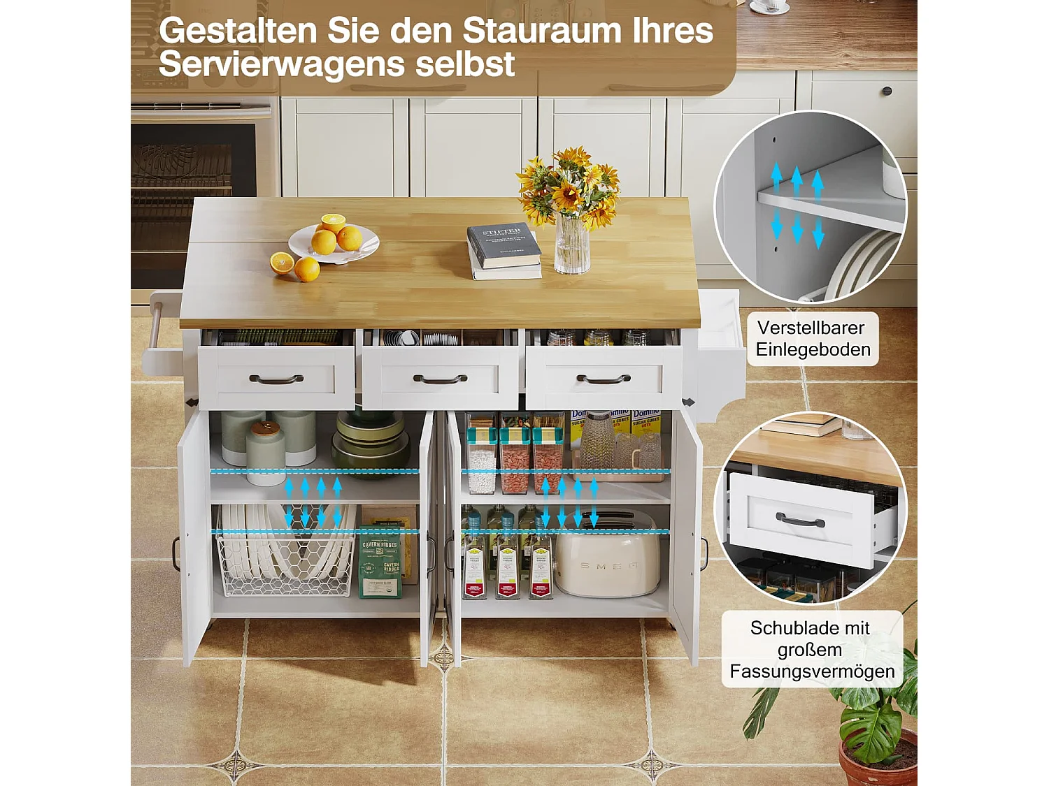 Kücheninsel mit klappbarer Arbeitsplatte,ausgestattet mit 5 feststellbaren Rollen,4 Türen,3 Schubladen,doppelseitigen Handtuchhalter,140x43/70x90.5cm