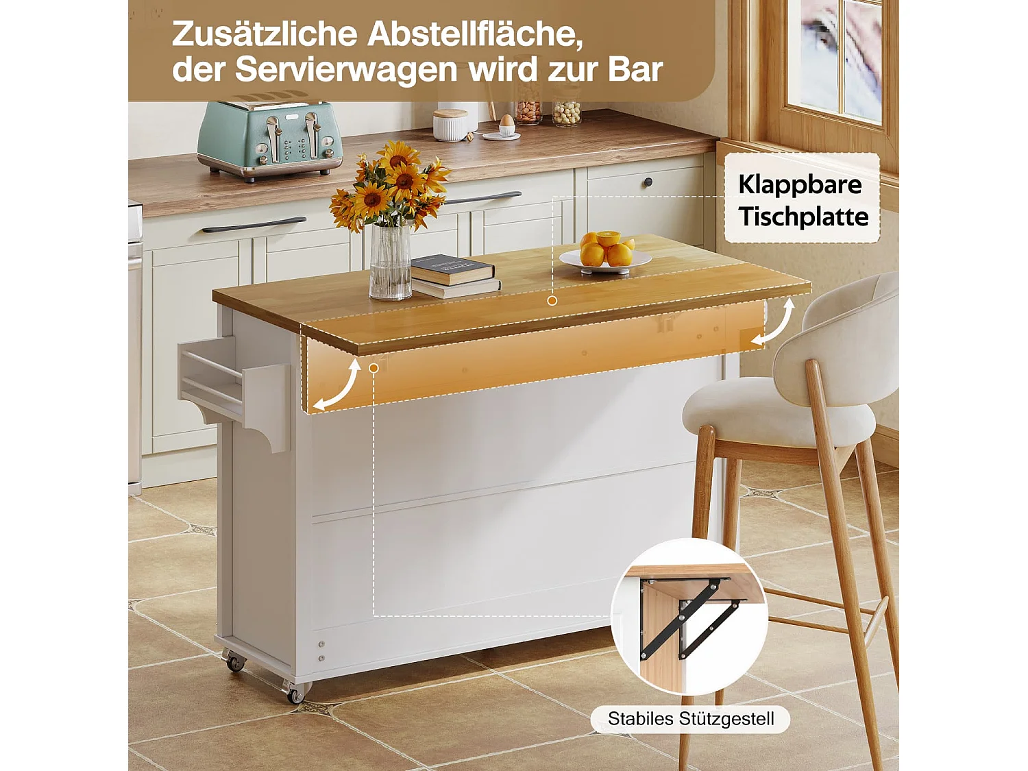 Kücheninsel mit klappbarer Arbeitsplatte,ausgestattet mit 5 feststellbaren Rollen,4 Türen,3 Schubladen,doppelseitigen Handtuchhalter,140x43/70x90.5cm