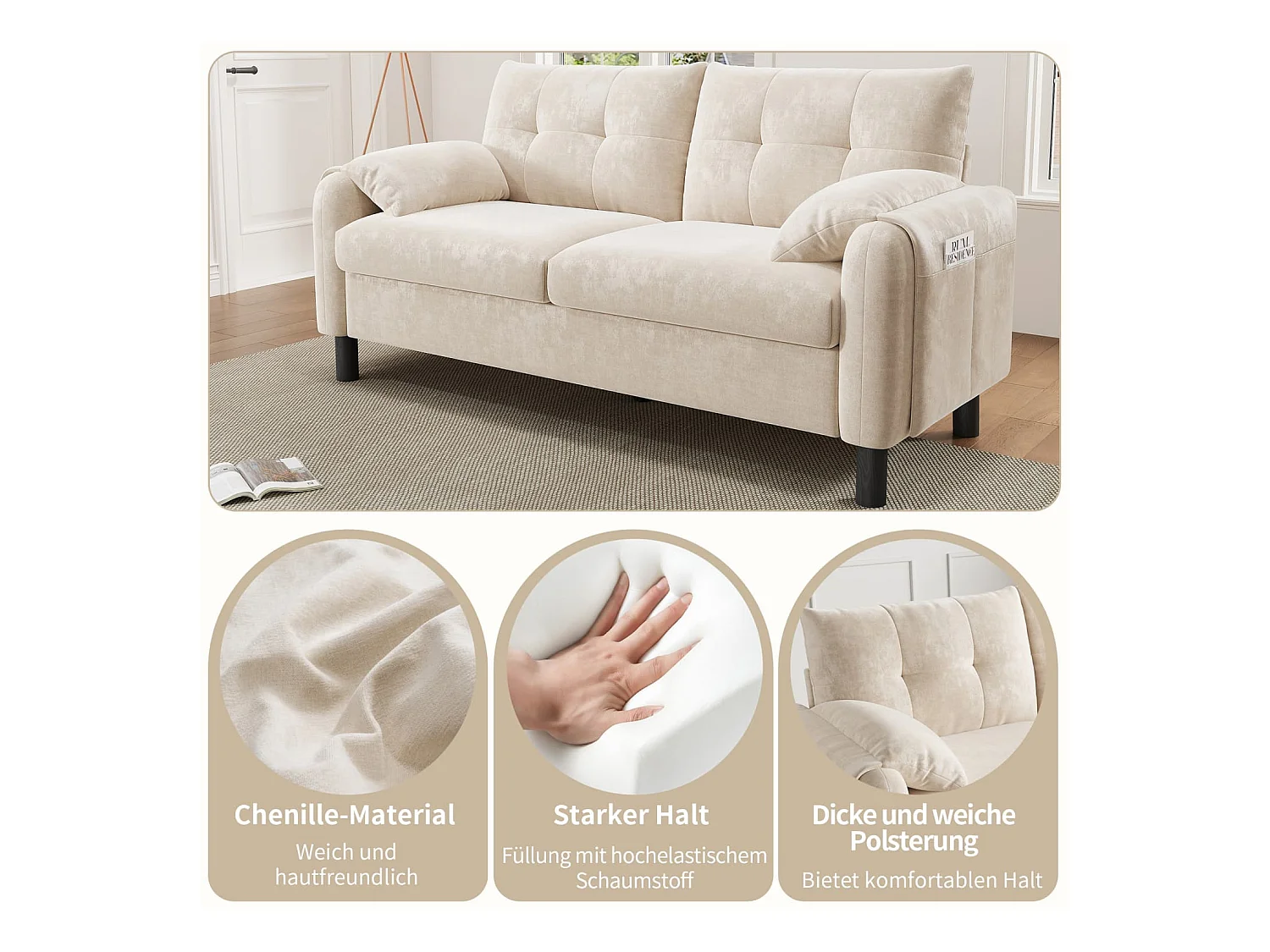 Modernes 2-Sitzer Sofa,bequemes Polstersofa aus Chenille Stoff mit dicken Kissen,gemütliche Couch,Polstermöbel im skandinavischen Design