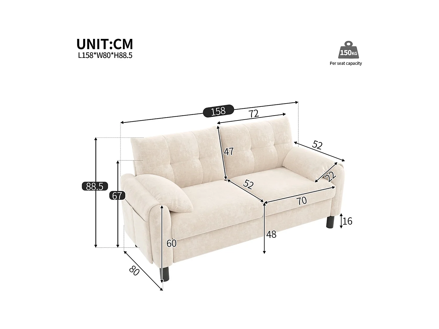 Modernes 2-Sitzer Sofa,bequemes Polstersofa aus Chenille Stoff mit dicken Kissen,gemütliche Couch,Polstermöbel im skandinavischen Design