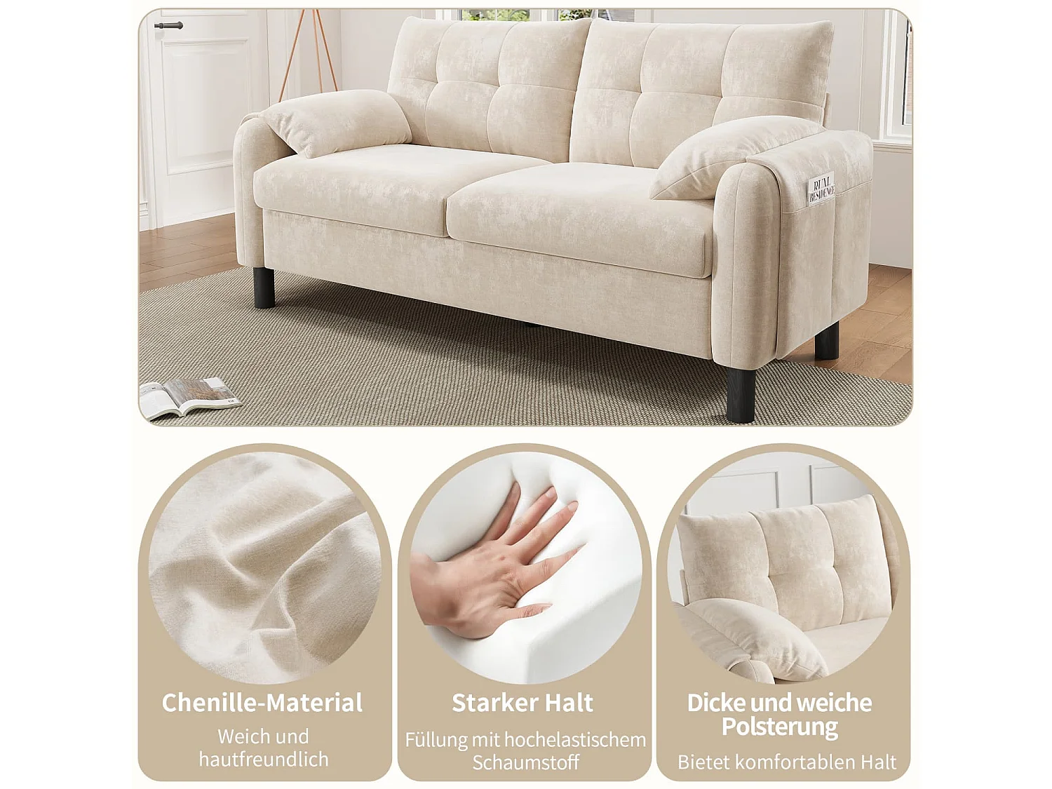 Modernes 2-Sitzer Sofa,bequemes Polstersofa aus Chenille Stoff mit dicken Kissen,gemütliche Couch,Polstermöbel im skandinavischen Design