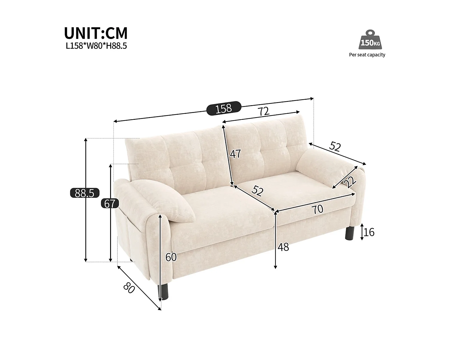 Modernes 2-Sitzer Sofa,bequemes Polstersofa aus Chenille Stoff mit dicken Kissen,gemütliche Couch,Polstermöbel im skandinavischen Design