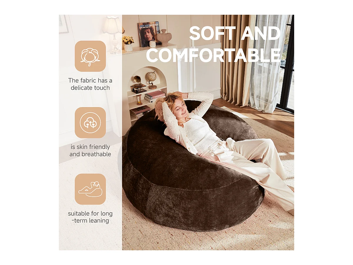 Sitzsack Weicher und Bequemer Sitzsackstuhl Sofa Lesestuhl für Schlafzimmer, Balkone und andere Orte 5FT Braun