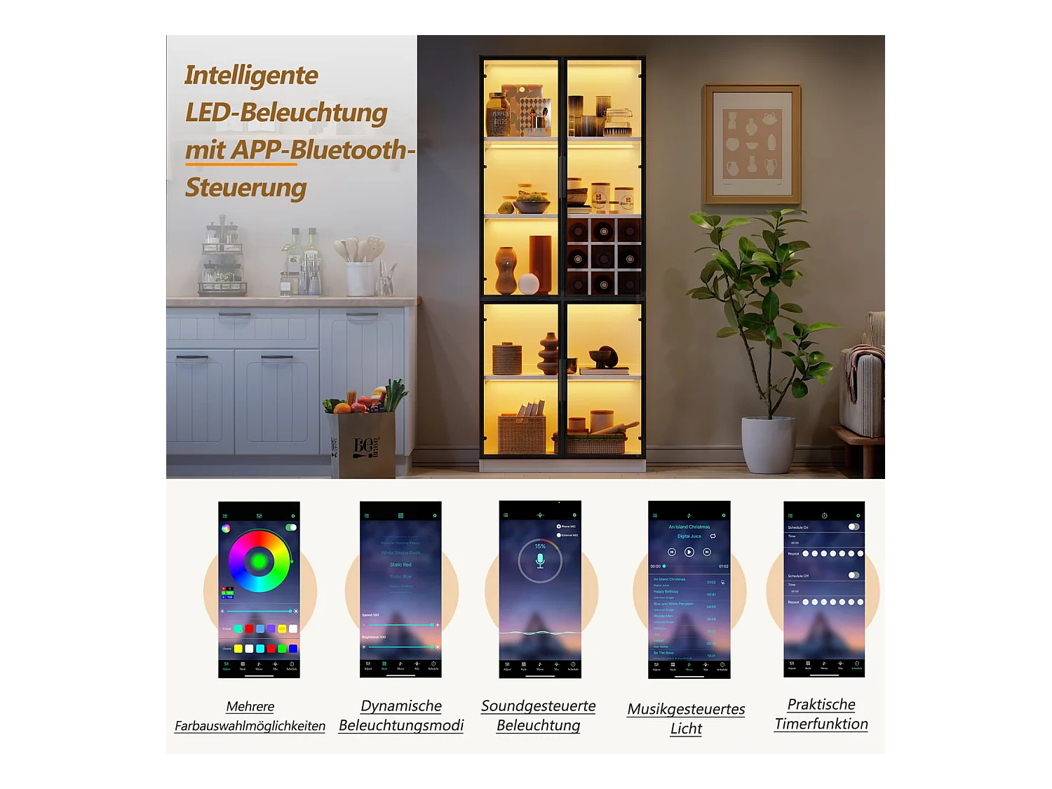 Vitrine, Glasvitrine mit Glastüren mit LED,Hochschrank ,Bücherschrank,Standvitrine,Weinschrank Eleganter Sideboard mit Doppeltüren, Glasregal