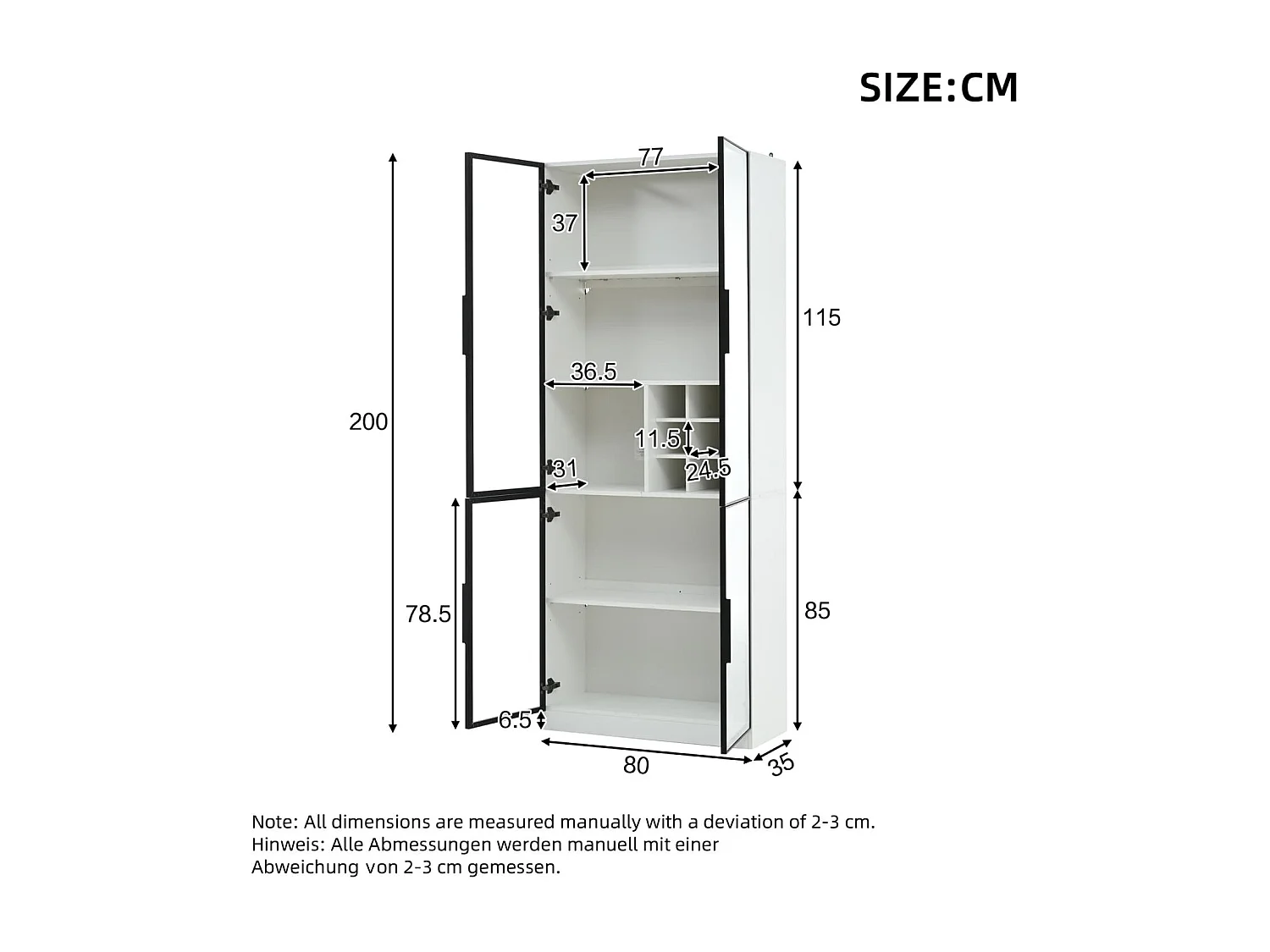 Vitrine, Glasvitrine mit Glastüren mit LED,Hochschrank ,Bücherschrank,Standvitrine,Weinschrank Eleganter Sideboard mit Doppeltüren, Glasregal