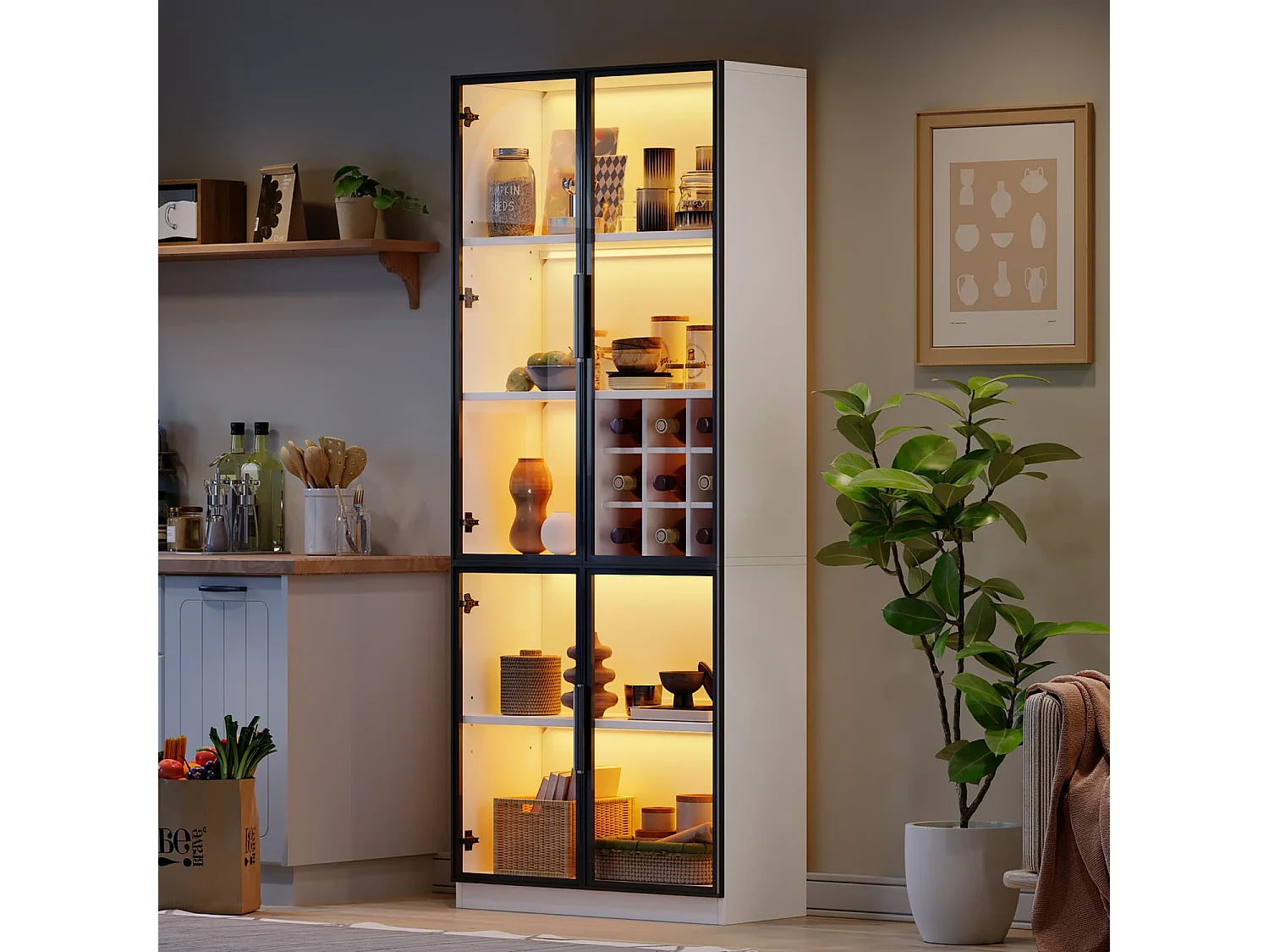 Vitrine, Glasvitrine mit Glastüren mit LED,Hochschrank ,Bücherschrank,Standvitrine,Weinschrank Eleganter Sideboard mit Doppeltüren, Glasregal