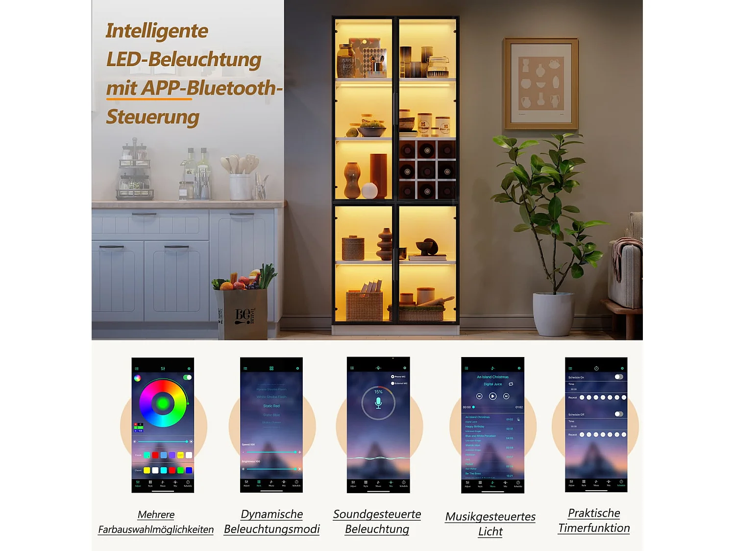 Vitrine, Glasvitrine mit Glastüren mit LED,Hochschrank ,Bücherschrank,Standvitrine,Weinschrank Eleganter Sideboard mit Doppeltüren, Glasregal