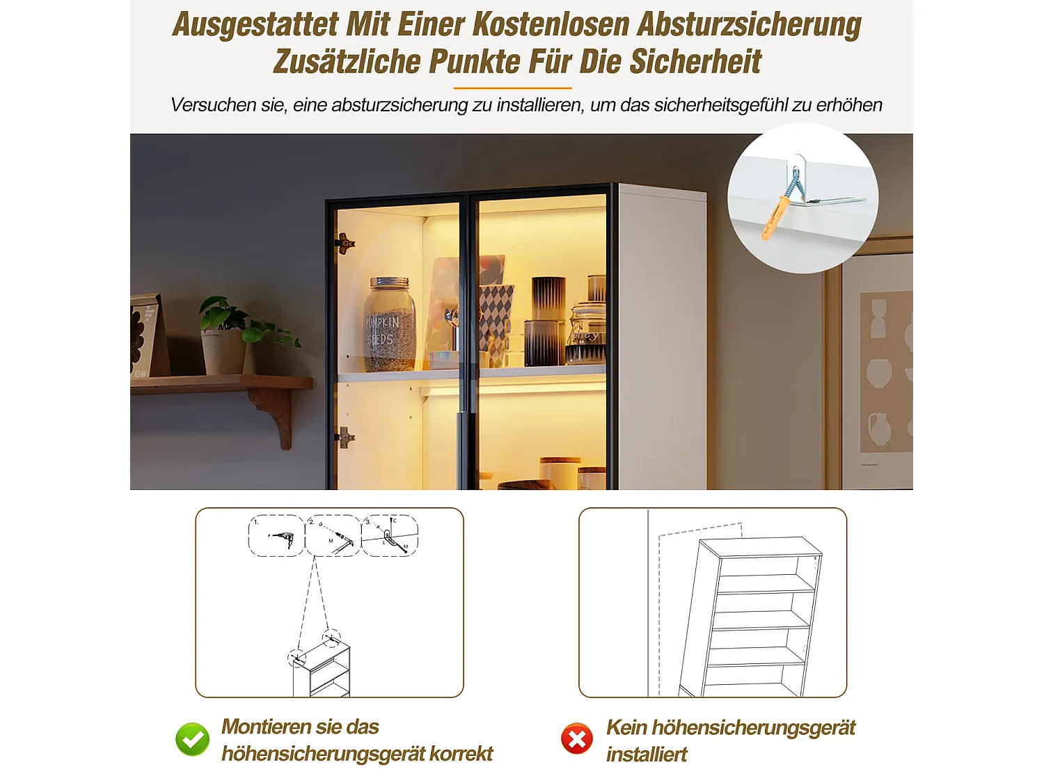 Vitrine, Glasvitrine mit Glastüren mit LED,Hochschrank ,Bücherschrank,Standvitrine,Weinschrank Eleganter Sideboard mit Doppeltüren, Glasregal