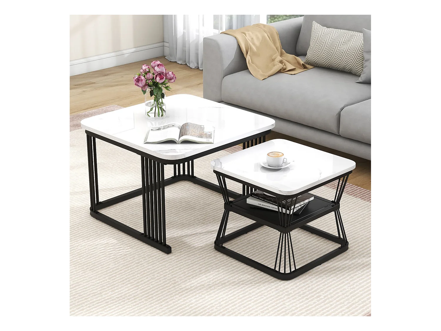 2er-Set moderne Beistelltische, MDF in Marmoroptik, Stahlrohr weiß hochglänzend schwarz, 2 Tische mit den Maßen 65x65x45 cm und 45x45x39,5 cm