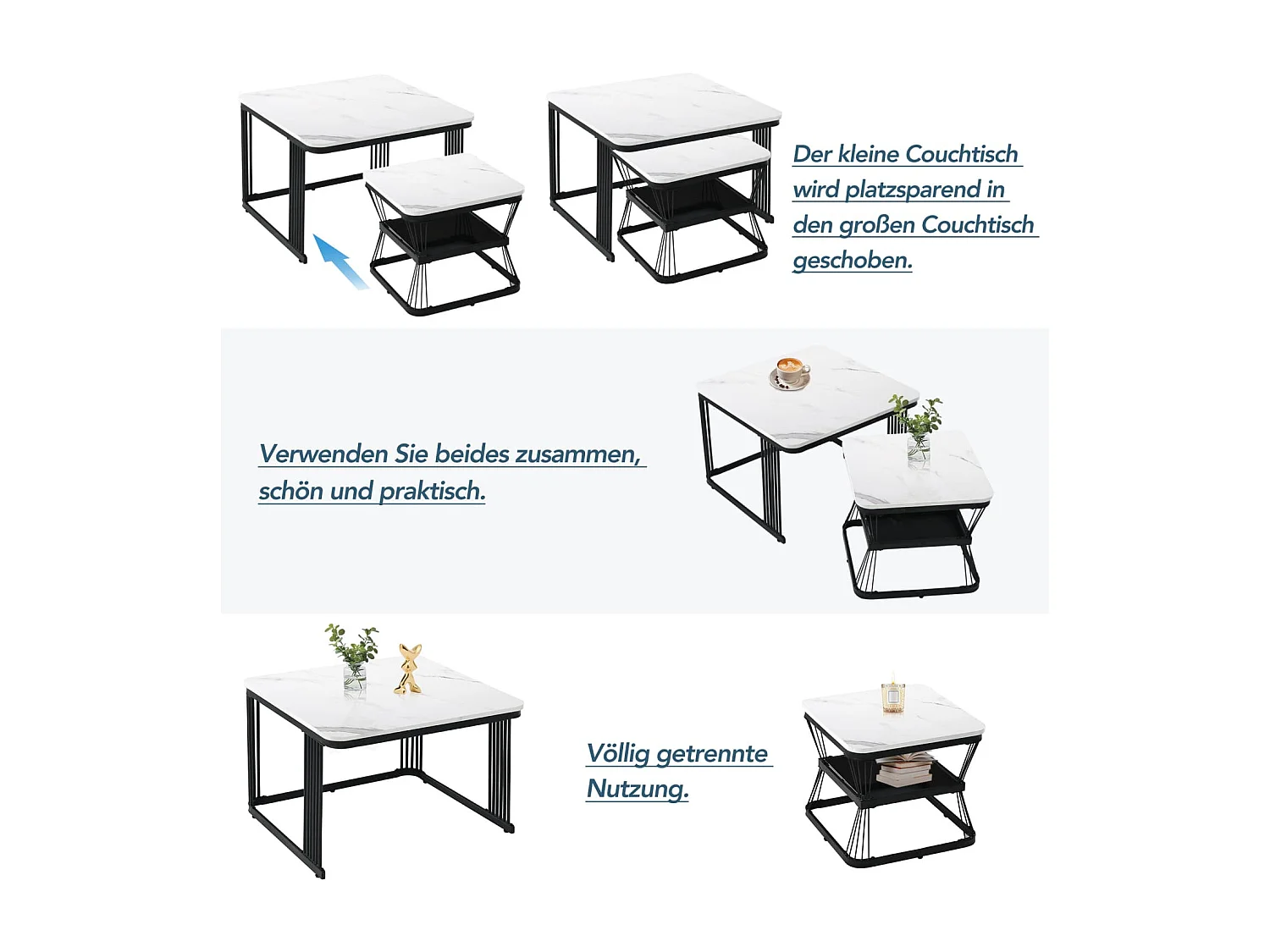 2er-Set moderne Beistelltische, MDF in Marmoroptik, Stahlrohr weiß hochglänzend schwarz, 2 Tische mit den Maßen 65x65x45 cm und 45x45x39,5 cm