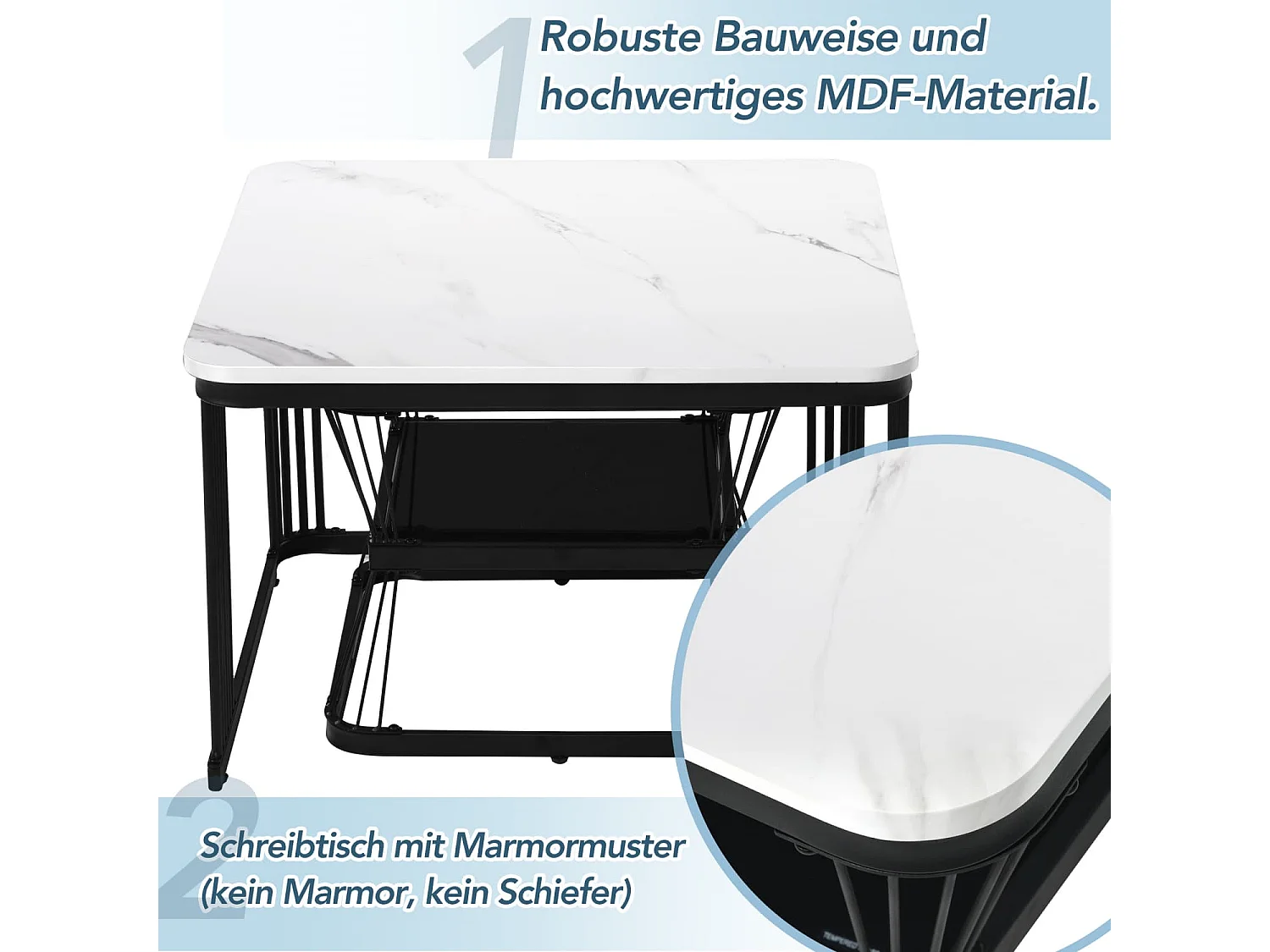 2er-Set moderne Beistelltische, MDF in Marmoroptik, Stahlrohr weiß hochglänzend schwarz, 2 Tische mit den Maßen 65x65x45 cm und 45x45x39,5 cm