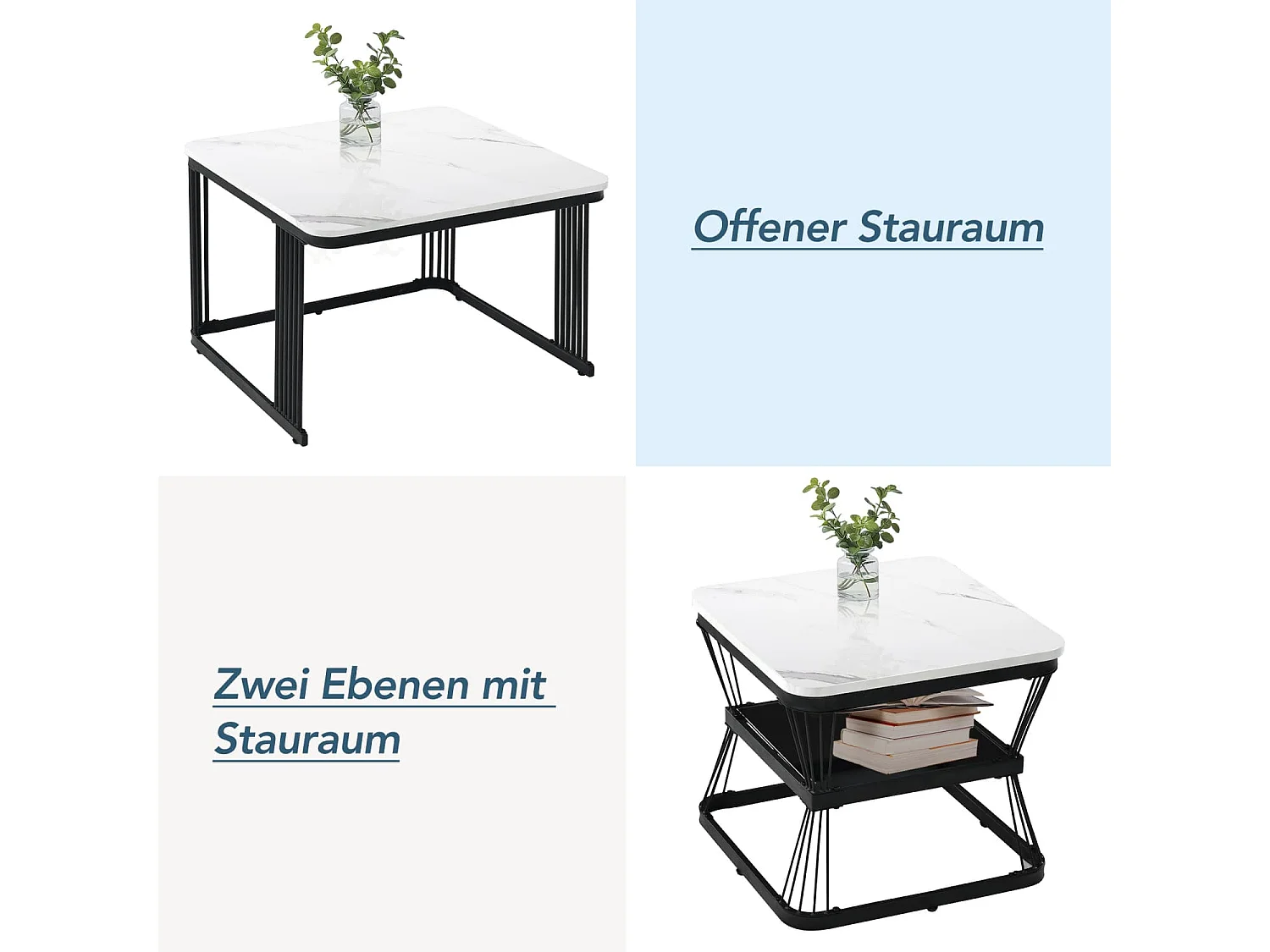 2er-Set moderne Beistelltische, MDF in Marmoroptik, Stahlrohr weiß hochglänzend schwarz, 2 Tische mit den Maßen 65x65x45 cm und 45x45x39,5 cm