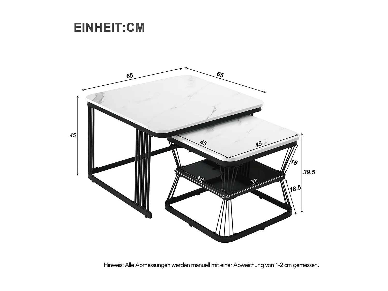 2er-Set moderne Beistelltische, MDF in Marmoroptik, Stahlrohr weiß hochglänzend schwarz, 2 Tische mit den Maßen 65x65x45 cm und 45x45x39,5 cm