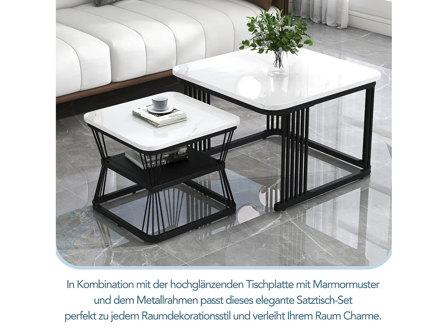 2er-Set moderne Beistelltische, MDF in Marmoroptik, Stahlrohr weiß hochglänzend schwarz, 2 Tische mit den Maßen 65x65x45 cm und 45x45x39,5 cm