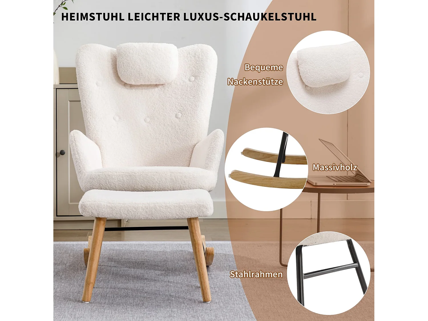 Bequemer weißer Schaukelstuhl, weicher Teddyplüsch-Schaukelstuhl mit Kopfstütze und Fußstütze - Belastbarkeit bis 100 kg