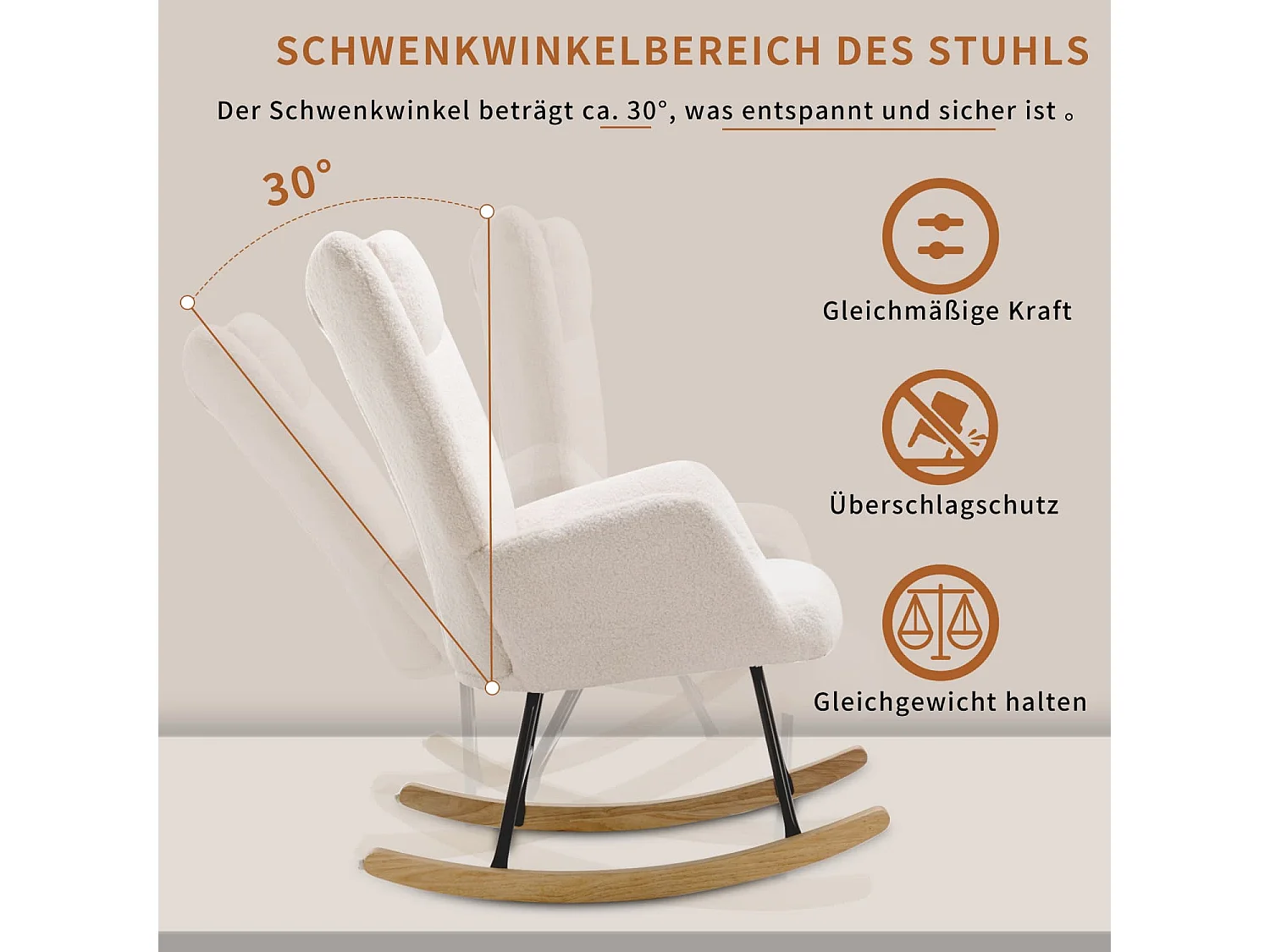 Bequemer weißer Schaukelstuhl, weicher Teddyplüsch-Schaukelstuhl mit Kopfstütze und Fußstütze - Belastbarkeit bis 100 kg