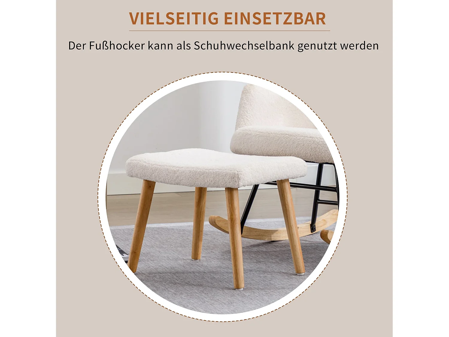 Bequemer weißer Schaukelstuhl, weicher Teddyplüsch-Schaukelstuhl mit Kopfstütze und Fußstütze - Belastbarkeit bis 100 kg