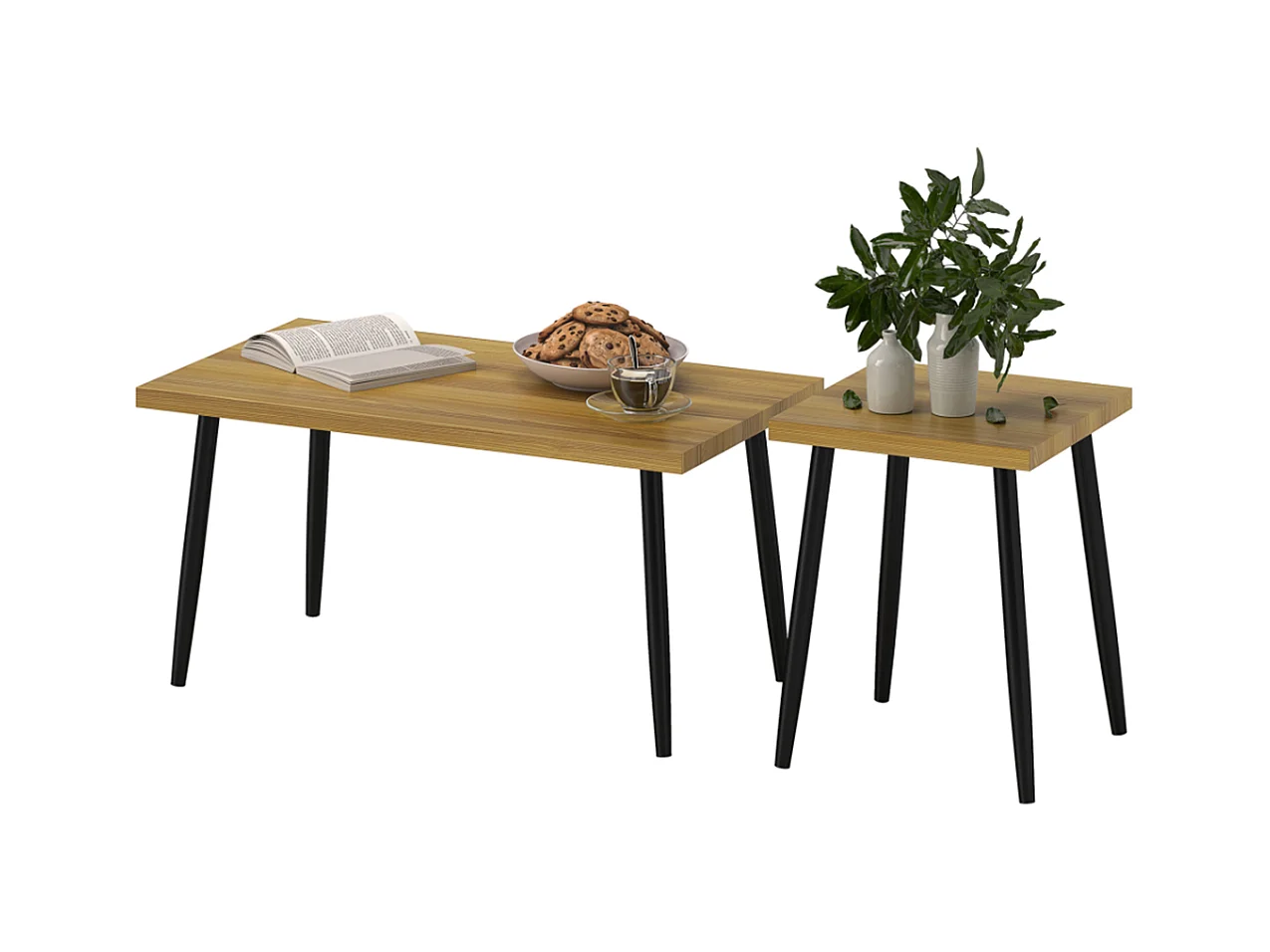 2er-Set Kaffeetische, Großer und kleiner Tisch mit Metallrahmen und Holzplatte, Flexible Kaffeetisch,Sofatisch Wohnzimmertisch