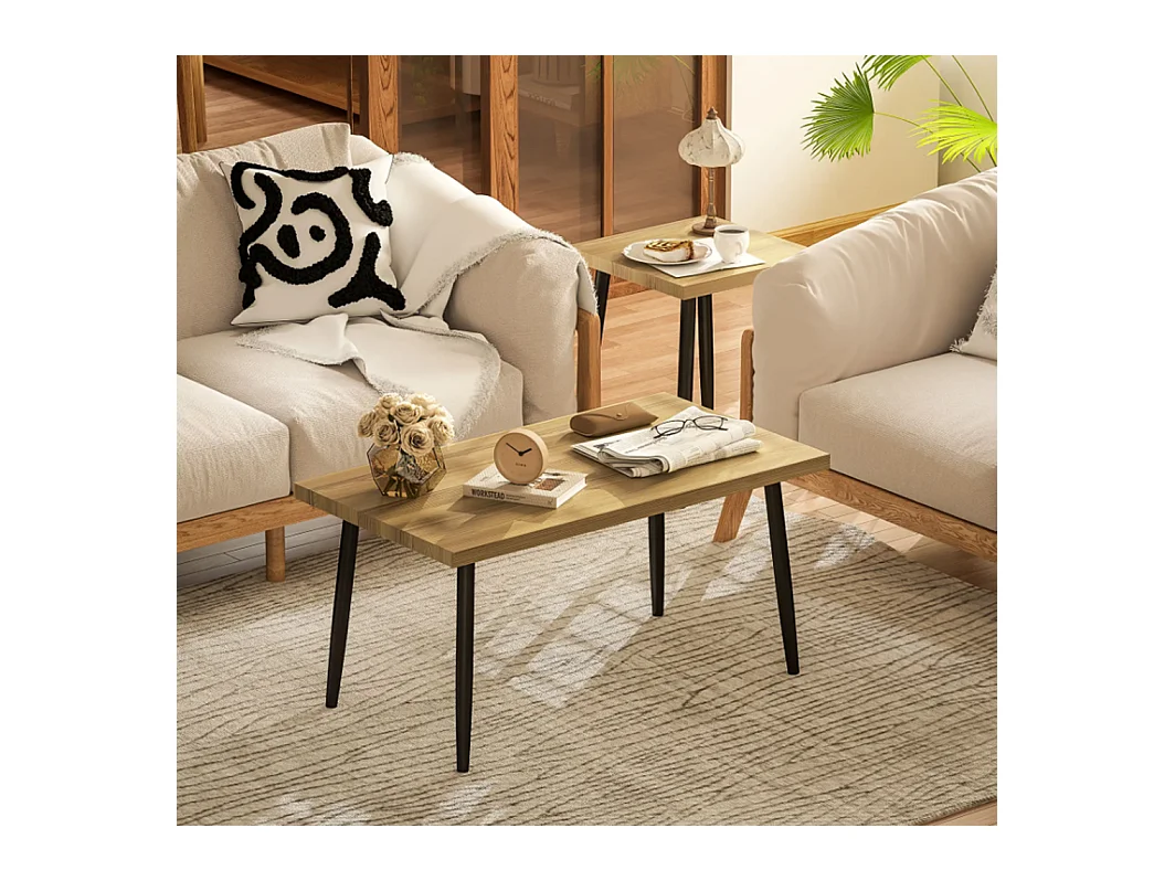 2er-Set Kaffeetische, Großer und kleiner Tisch mit Metallrahmen und Holzplatte, Flexible Kaffeetisch,Sofatisch Wohnzimmertisch