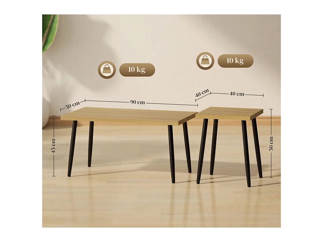 2er-Set Kaffeetische, Großer und kleiner Tisch mit Metallrahmen und Holzplatte, Flexible Kaffeetisch,Sofatisch Wohnzimmertisch