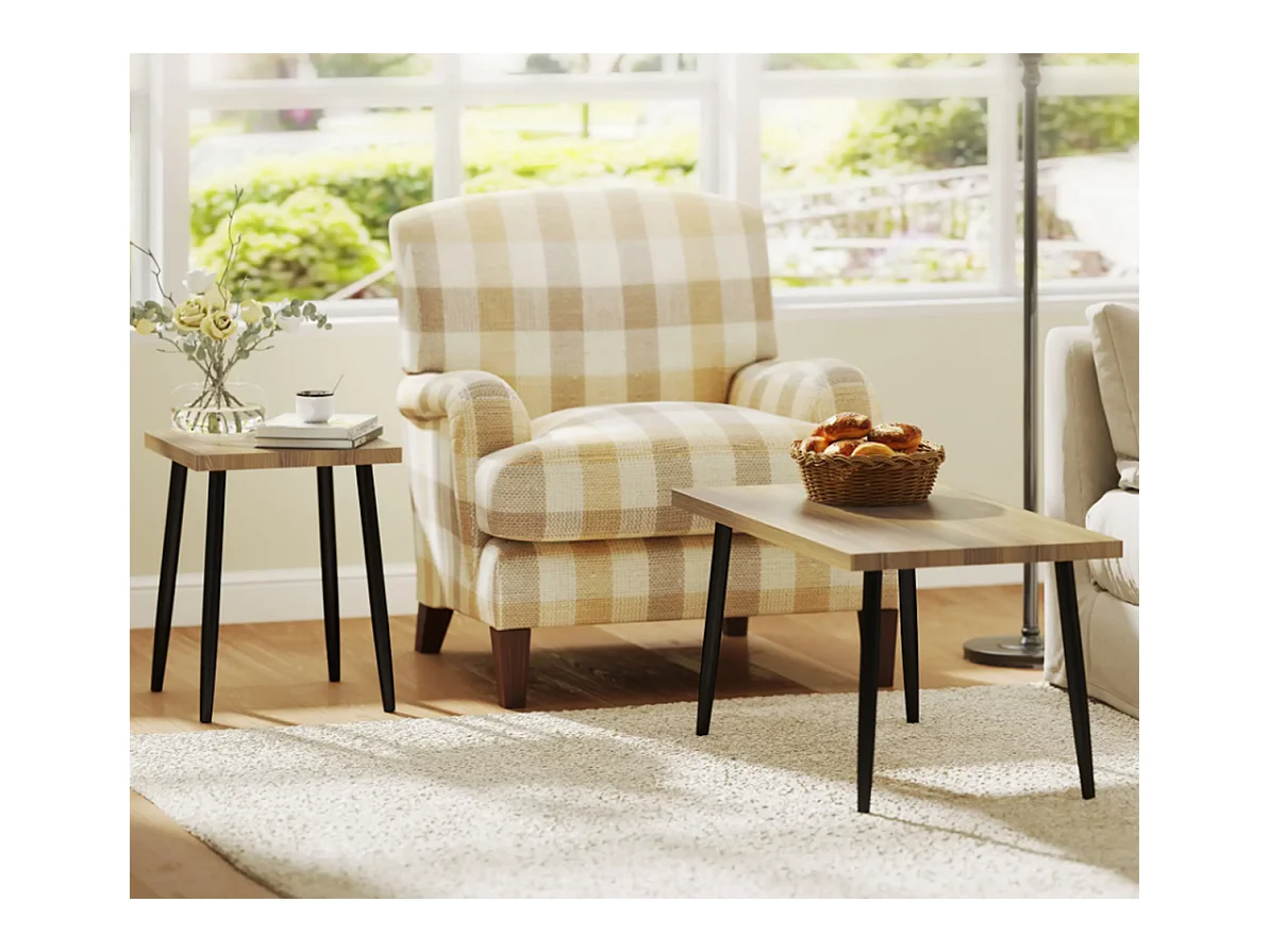 2er-Set Kaffeetische, Großer und kleiner Tisch mit Metallrahmen und Holzplatte, Flexible Kaffeetisch,Sofatisch Wohnzimmertisch